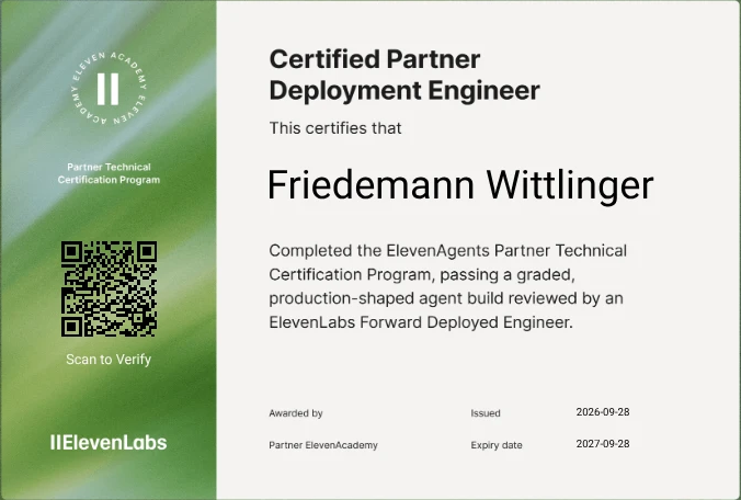 Zertifikat Certified Partner Deployment Engineer von ElevenLabs für Friedemann Wittlinger, ausgestellt am 28.09.2026, gültig bis 28.09.2027